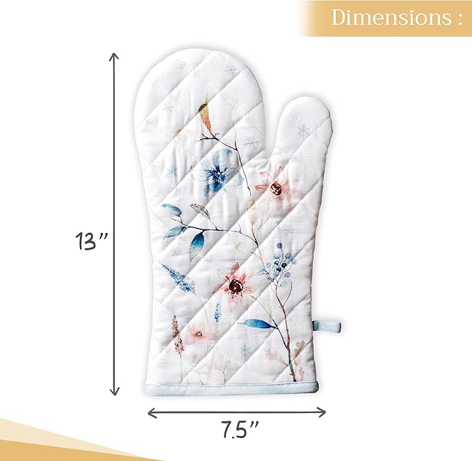 Maison d' Hermine Oven Gloves 100% Cotton Oven Mitt 7" x 13" with Loop Heat Resistant, BBQ, Cooking Gloves, Baking, Grilling, Kitchen, Handling Hot Pans (Pack of 1, Ice Florals)