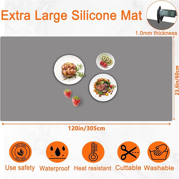 120" x24''(305cmx60cm) Extra Large Silicone Mat for Kitchen Counter, Heat Resistant Countertop Protector, Non-Slip Waterproof Kitchen Island Mat, Easy to Clean, Light Gray