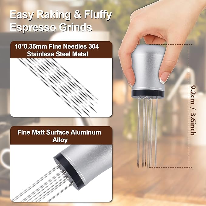 WDT tool, Espresso Distribution tools, 10 x 0.35mm 304 Stainless Steel Needles Installed with 10 Extra needles for Espresso Stirrer Replacement, Aluminum Alloy Handle with Stand (Matte Silver)
