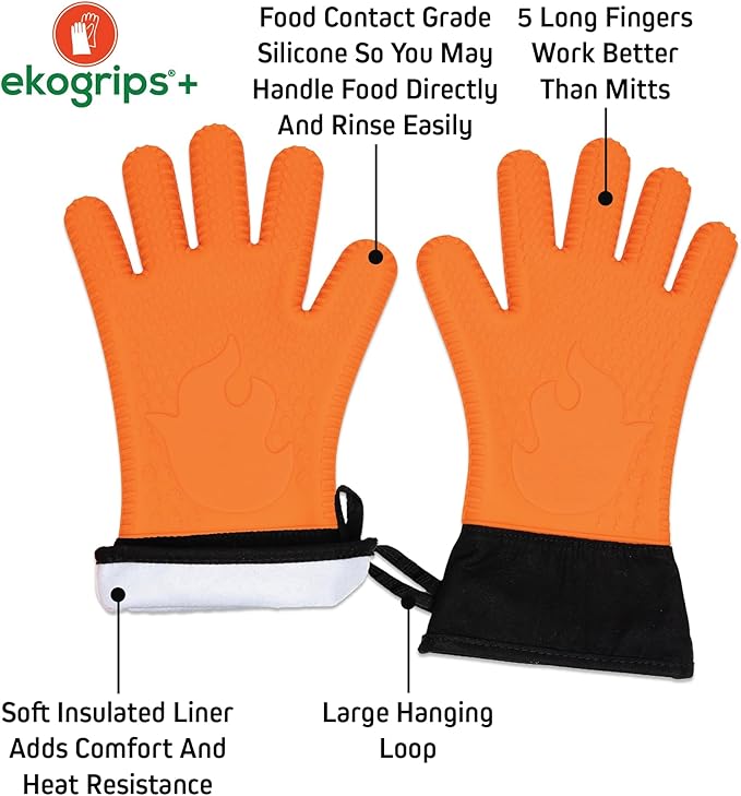 Ekogrips+ Premium Silicone Oven Mitts - Comfy, Waterproof, Heat Resistant BBQ Gloves for Grilling, Long Cuff for Added Protection, 5 Finger Dexterity, 3 Sizes, 4 Colors, L/XL, Orange