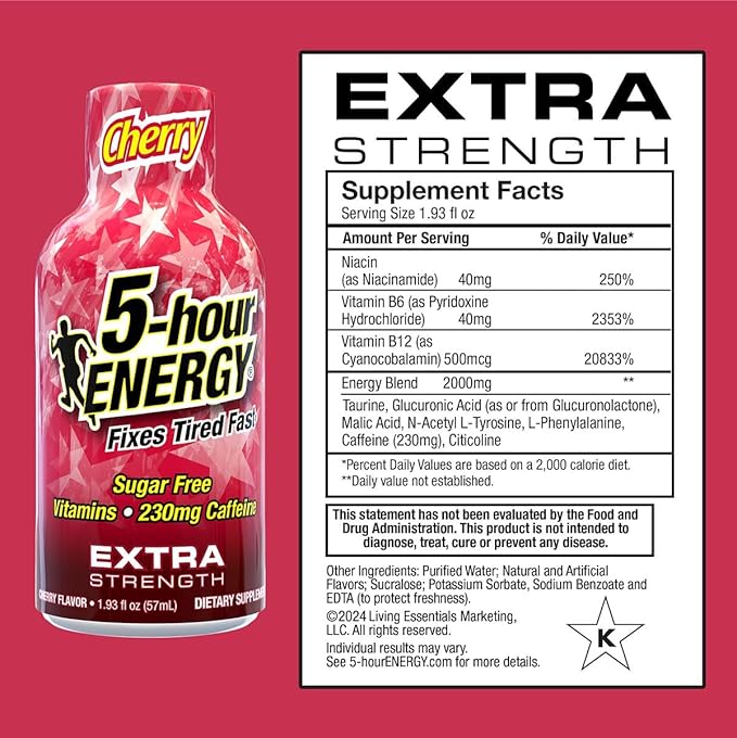 5-hour ENERGY Extra Strength Energy Shot, Cherry Flavor,1.93oz, 20-Pack, Zero Sugar
