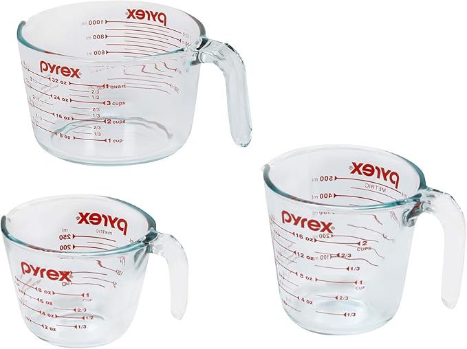 Pyrex Essentials (3-Pack) Glass Measuring Cups Set, (1, 2 & 4 Cup) Measuring Cups For Prepping, Baking and Cooking, Preheated Oven, Dishwasher, Freezer, and Microwave Safe