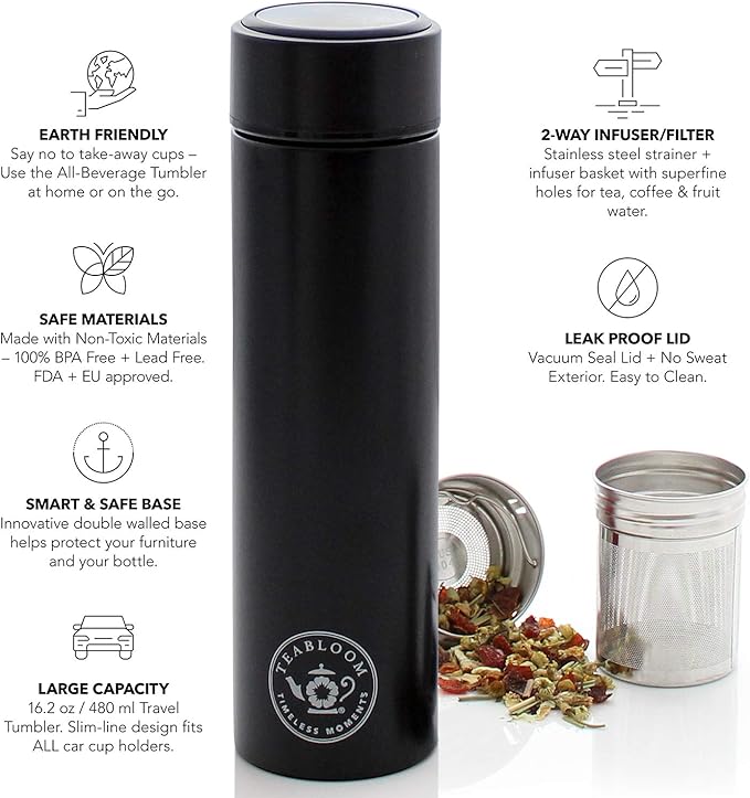 Teabloom - The ORIGINAL All-Brew Travel Tumbler & Thermos | OPRAH’s Favorite | 16oz/480ml Insulated Water Bottle/Tea Flask/Cold Brew Coffee Mug