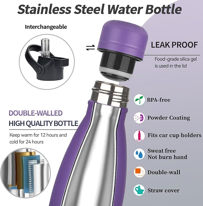 Insulated Water Bottle, 2 Pack-17oz Stainless Steel Water Bottles with straw lid, Metal Sports Water Bottles for Boys,Girls, Double Wall Vacuum BPA-Free Flask for School, Sports(Purple-SeaIndigo