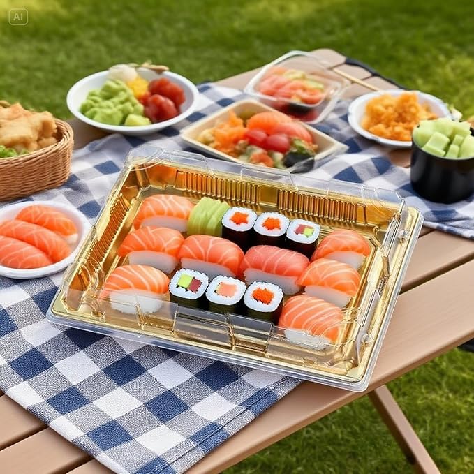 10 Pack Gold Rectangular Sushi Containers with Clear Lids – Disposable Plastic Food Boxes for Party, Takeout & Catering – Elegant, Stackable Trays for Sushi, Snacks & Desserts(Model No.1105)