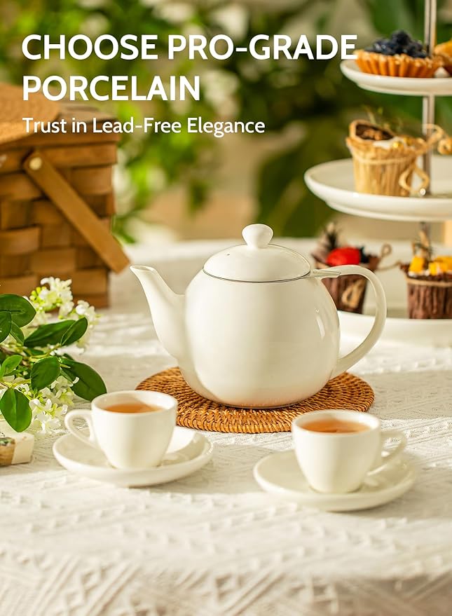 Sweese Teapots for Tea, 27 oz Porcelain Tea pot with Removable Stainless Steel Infuser, Tea Pots for Loose Tea - White