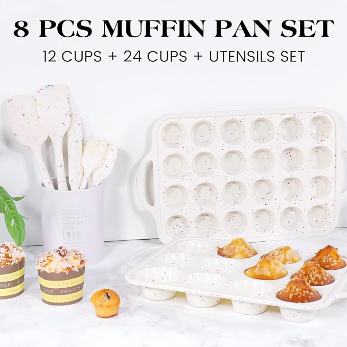 8 Pcs Silicone Muffin Pan Set, 12 Cup Regular and 24 Cup Mini Nonstick Muffin Tray with 6 Pcs Utensils, Silicone Muffin Pan for Baking with Metal Reinforced Frame BPA Free (8 Pcs, Cream)