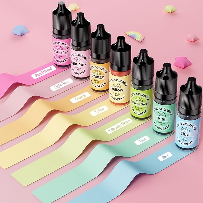 Food Coloring for Cake Decorating Macaron Edible Food Dye for Baking Royal Icing Cookie Supplies Gluten Free 7x12ml Food Grade Liquid Food Color Kits, 0.4 Fl. Oz/Bottles