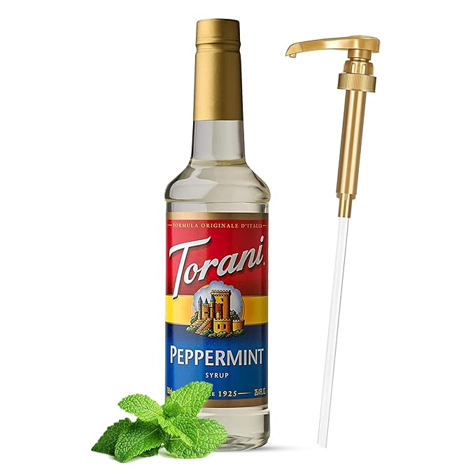 Jimoco® Syrup Pump Dispenser + Torani® Peppermint Syrup, 25.4 oz - Coffee Syrup Pump & Flavoring Bundle