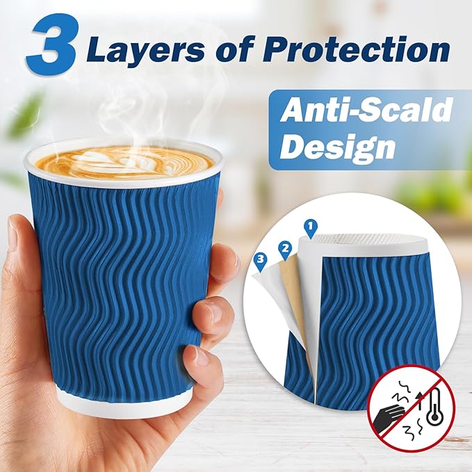 90 Pack 12 oz Disposable Coffee Cups with Lids and Straws, Insulated Ripple Wall To Go Paper Coffee Cups for Coffee, Hot Chocolate and Hot Tea Drinks - Navy