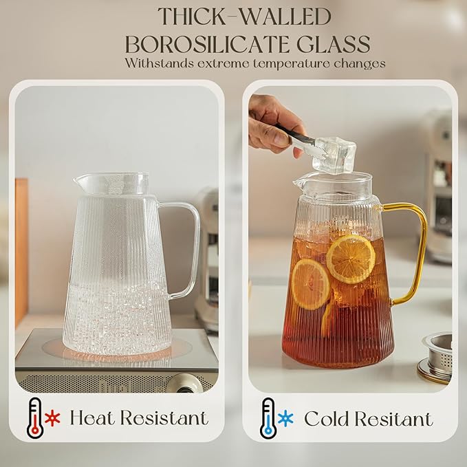 [2 Pack] Ribbed Glass Pitcher Set – 71oz Heat-Resistant Beverage Jugs with Lid for Water, Iced Tea, Juice, Coffee – Large Borosilicate Carafes for Hot & Cold Drinks, Elegant Serving Pitchers