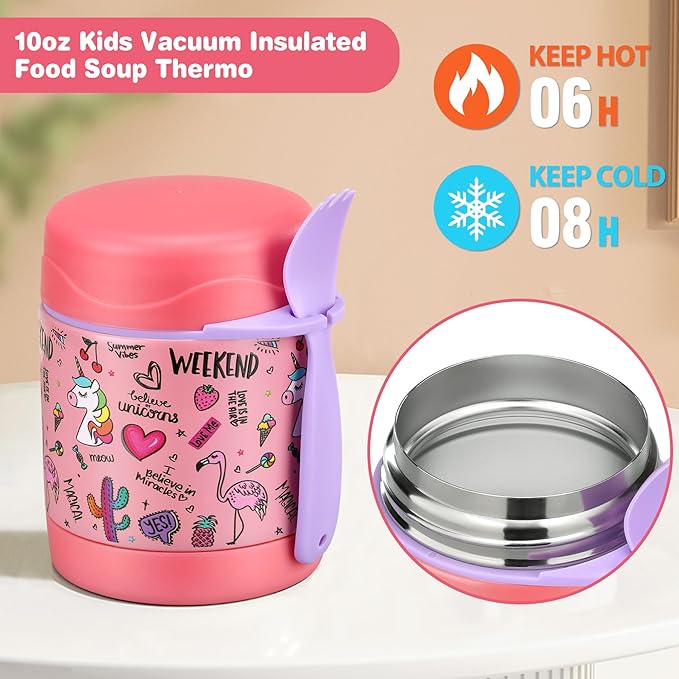 Bento Lunch Box Set With 10oz Soup Thermo, Leak-proof Lunch Containers with 4 Compartment, Kids Hot Thermo Food Jar/Insulation Lunch Bag, Food Containers for School（Flamingo）