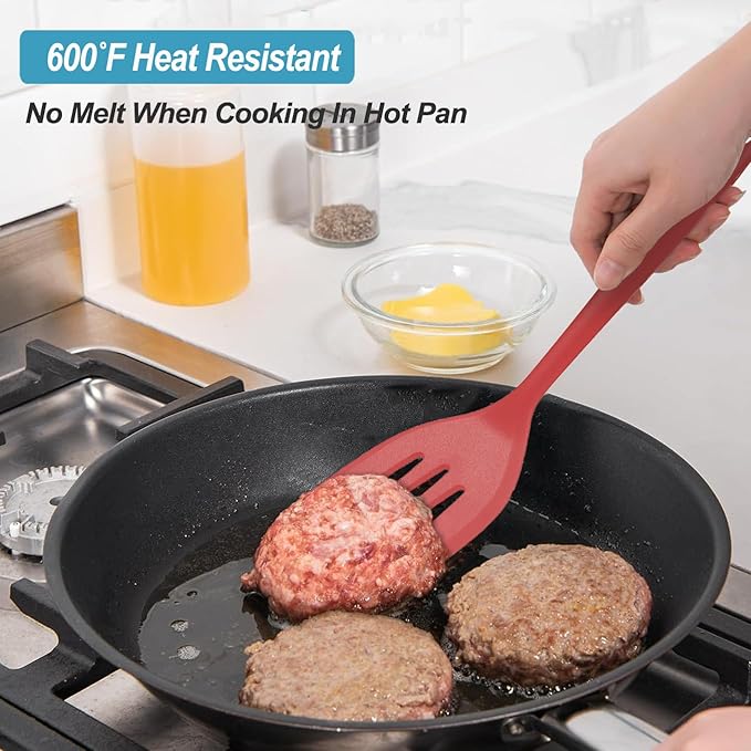 Silicone Spatula Turner Set, High Heat Resistant Spatulas with Seamless One Piece Design, Nonstick Rubber Flippers Utensils for Baking & Cooking,BPA-Free, Red, 11 IN