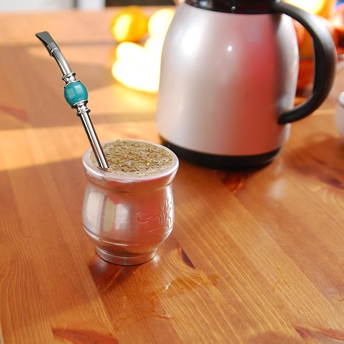 Reusable Bombilla Yerba Mate Straw - Stainless Steel Removable Spoon Style Filter with a Beautiful Bead - Metal Straw for Drinking Loose Leaf Tea - Includes Cleaning Brush(Blue)