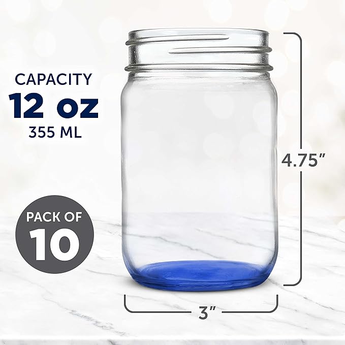 DISCOUNT PROMOS Decorating Mason Jars 12 oz. Set of 10, Bulk Pack - Glass Jars for Overnight Oats, Candies, Fruits, Pickles, Spices, Beverages - Blue