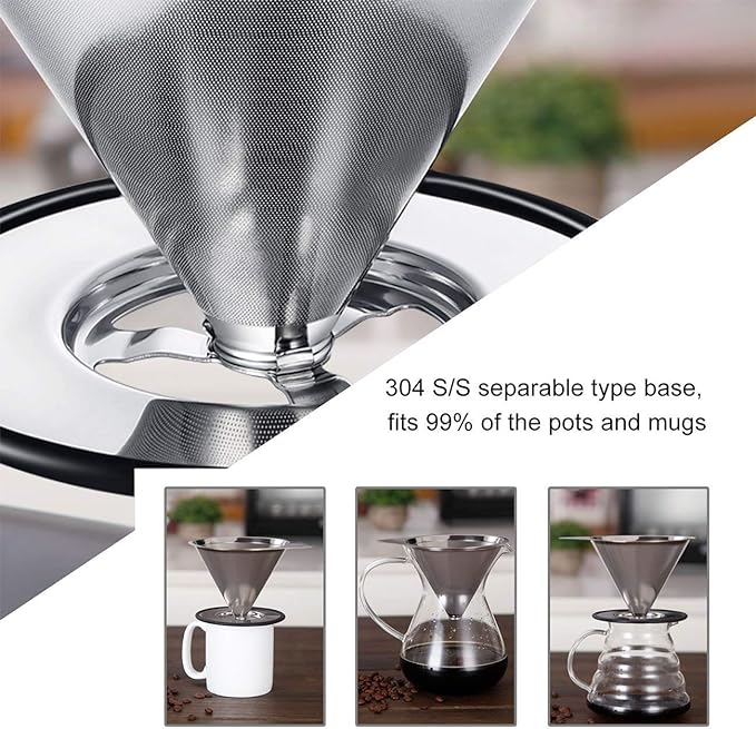 LHS Pour Over Coffee Dripper Stainless Steel Coffee Filter Metal Cone Filter Paperless Reusable Coffee Filter Single Cup Coffee Maker 1-2 Cup With Non-slip Cup Stand and Cleaning Brush