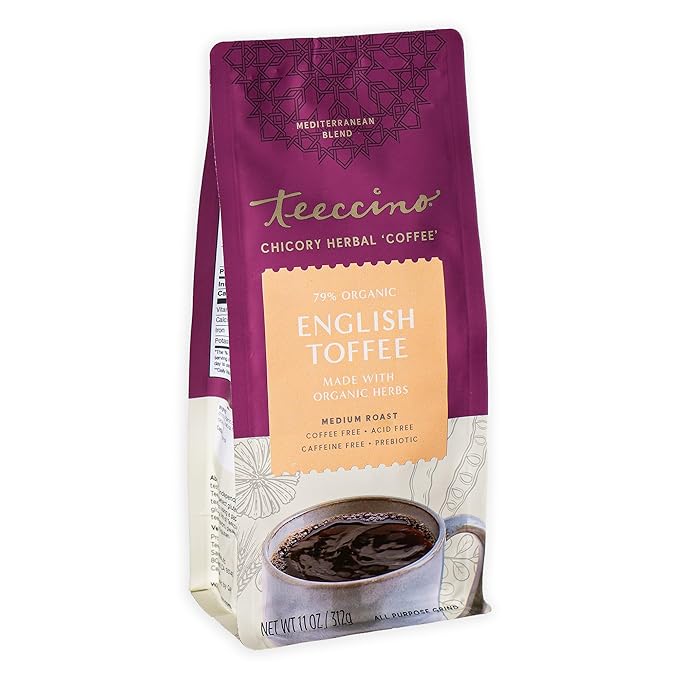 Teeccino English Toffee Chicory Coffee Alternative, 11 Oz - Ground Herbal Coffee that’s Prebiotic, Caffeine Free and Acid Free, Medium Roast, 11 ounce