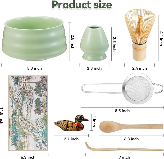 Japanese matcha set, matcha whisk and bowl, matcha sieve, matcha whisk holder, and matcha spoon - 8pcs Matcha Set (green)