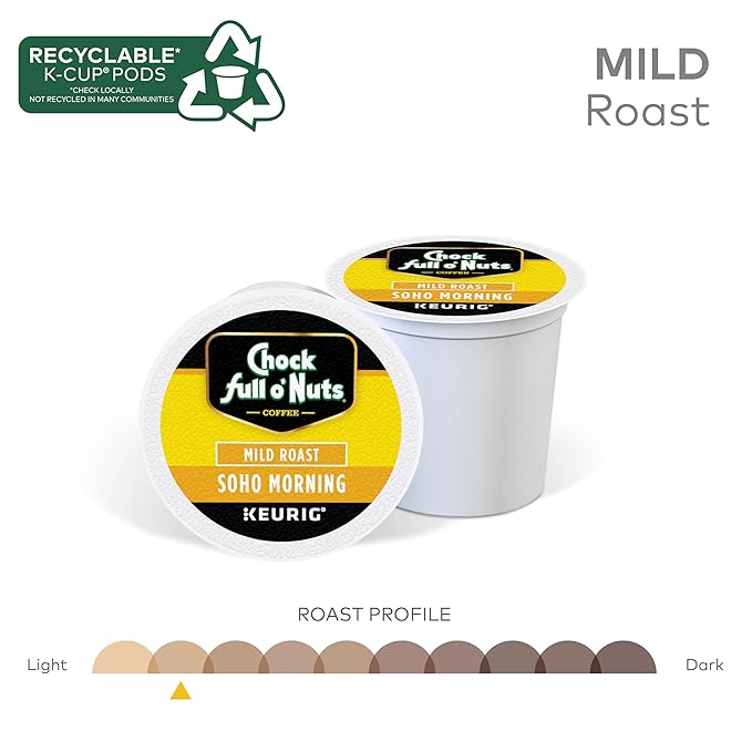 Chock Full o'Nuts Soho Morning Coffee, Mild Roast, Compatible with K-Cup Pods, 12 CT (Pack of 6)