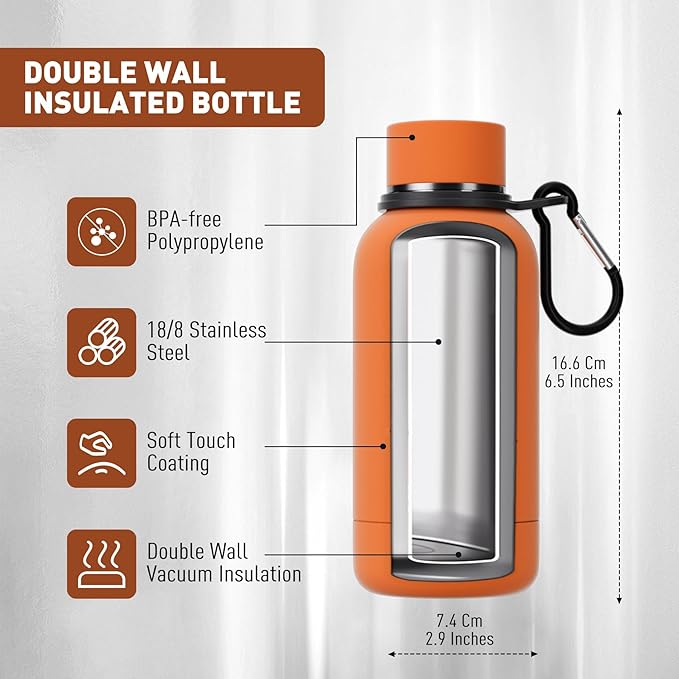 Small Water Bottle 12oz with Clip, Double Wall Stainless Steel Vacuum Small Insulated Water Bottle Keeps Drinks Cold 24 Hrs/Hot 12 Hrs for Kids Handbag School BPA Free (Bright Orange)