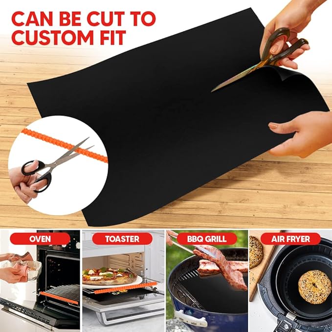 Oven Liners for Bottom of Oven Black (4-pack) Bundled with Rack Shield (4-pack) - Large Mat for Bottom of Range (17"x 25") and 14" Orange Stove Guards for Racks - Reusable & Heat Resistant