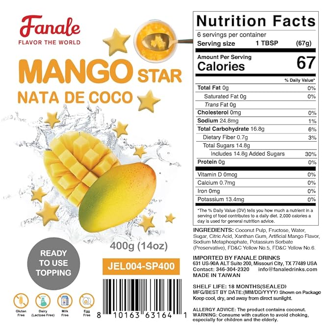 Fanale Coconut Jelly Topping nata de coco for Bubble Tea | Mango Star Jelly Topping for Boba Tea, Smoothies, Slushes, Desserts 400g(Pack Of 1)