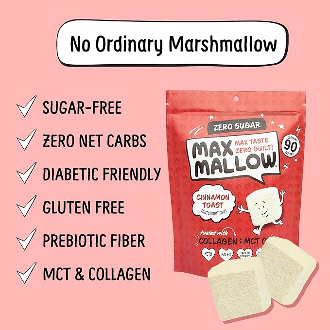 Max Mallow Sugar Free Marshmallows - Keto Friendly, Perfect for S'mores, Hot Chocolate, and Baking with Zero Sugar Snacks, Smores Mct Oil Zero Sugar Marshmellow Marshmallow Cinnamon Toast, 3 Pack