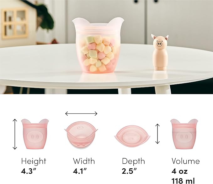 Zip Top Reusable 100% Silicone Baby + Kid Snack Containers - The only containers that stand up, stay open and zip shut! No Lids! Made in the USA - Pink Pig