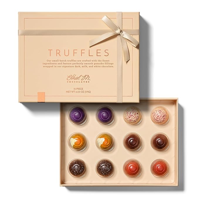 Ethel M Chocolates Premium Truffles Collection Chocolate Gift Box, Milk, Dark & White Chocolate Candy Assortment, 12 Pieces of Creamy, Smooth and Rich Chocolate Gems