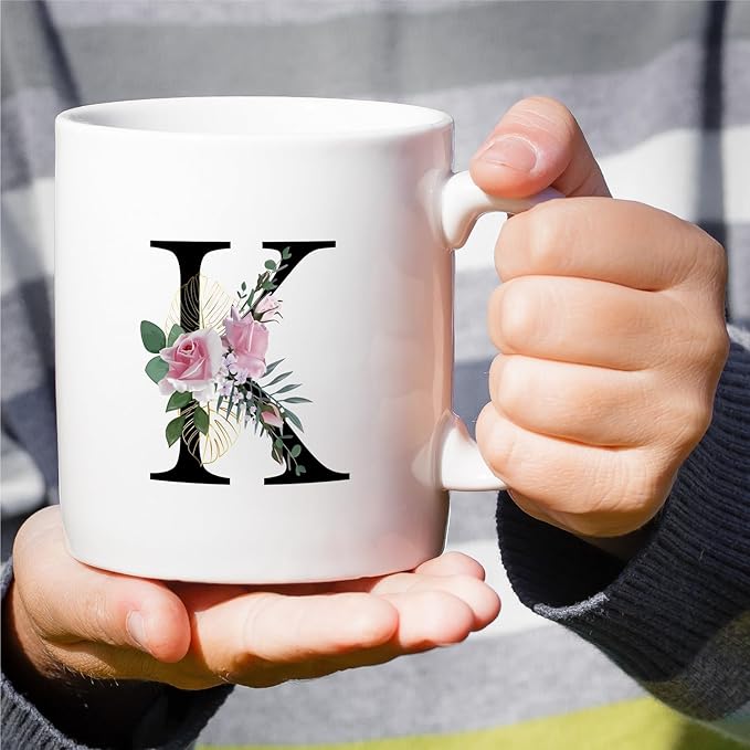 Retreez Initial A-Z Floral Botanical Bouquet Alphabet Monogrammed Monogram Mug 11 Oz Ceramic Tea Coffee Mugs - Appreciation Thank You Wedding Birthday Gifts for her friend coworker sister - K Initial