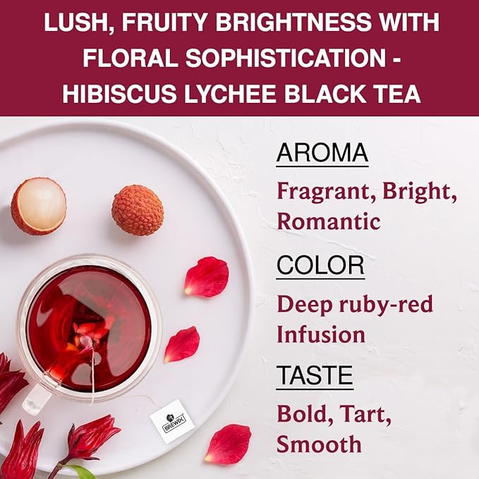 BREWIX, Hibiscus Lychee Tea Bags (25 Plant Based Tea Bags) Caffeine-Free, Made with Real - Hibiscus Flowers, Black Tea, Rosehip, Apple, Licorice, Rose | Contains Antioxidants & Support Overall Health