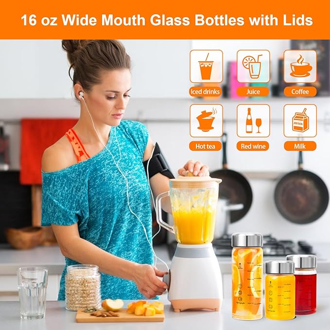 Glass Juice Bottles 4 Pack 16 oz - Wide Mouth Glass Water Bottles with Lids - for Juicing, Smoothies, Milk, Protein, BPA Free, Reusable, Stainless Steel Lids, Leak Proof, Shaker bottle [16oz/500ml]