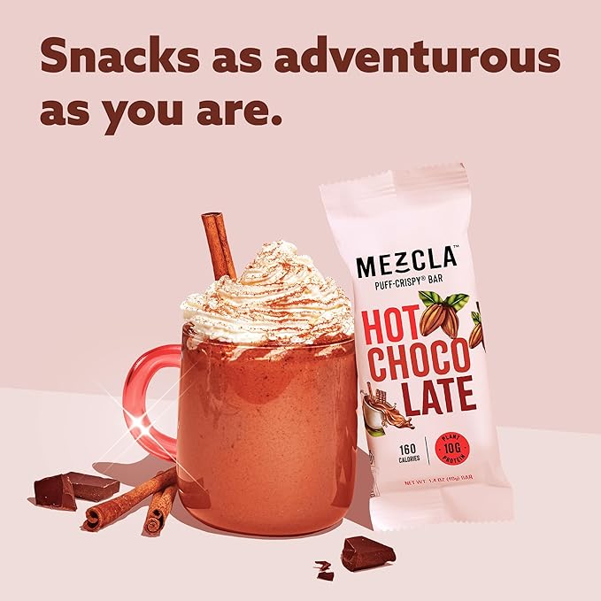 Mezcla Puff Crispy Protein Bars, Gluten Free & Vegan Protein Bars, 10g Protein, Alt for Crispy Rice Treat, Granola Bars & Breakfast Bars, Healthy Snacks for Adults, Hot Chocolate, 12 Pack