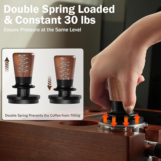 PUSEE 51mm Espresso Tamper,Calibrated Tamper with 30lbs Double Spring Loaded Tamper Walnut Wood Coffee Tamper for Barista Home,Titanium PVD Coating Base Tamper Espresso Tool Fits 51mm Portafilters