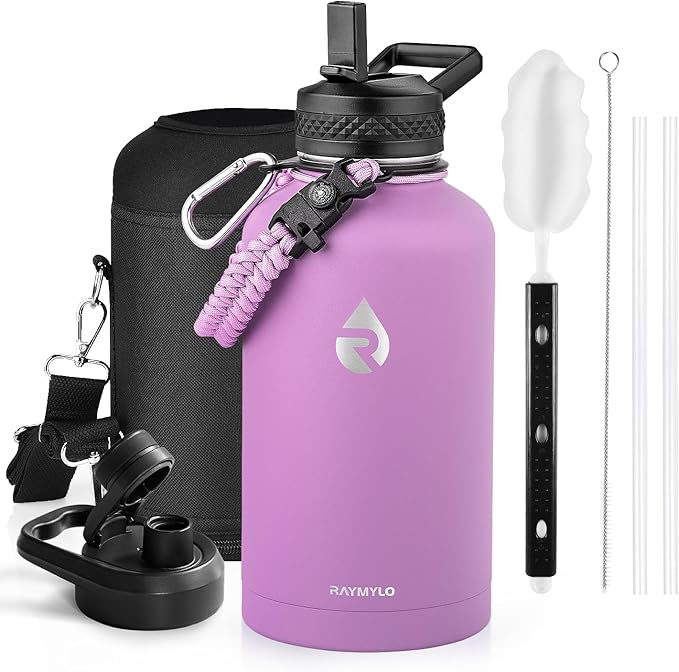 Insulated Water Bottle 64 oz, Triple Wall Vacuum Stainless Steel (Cold for 48 Hrs), Leak Proof & Non-BPA, Half Gallon Water Flask Jug with Paracord Handle & Straw Spout Lids, Lilac