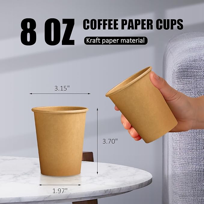 1000 Pack 8 oz Paper Cups, Brown Kraft Disposable Paper Coffee Cups, Unbleached Paper Cups for Hot/Cold Beverage Party, Picnic, Travel, and Events.