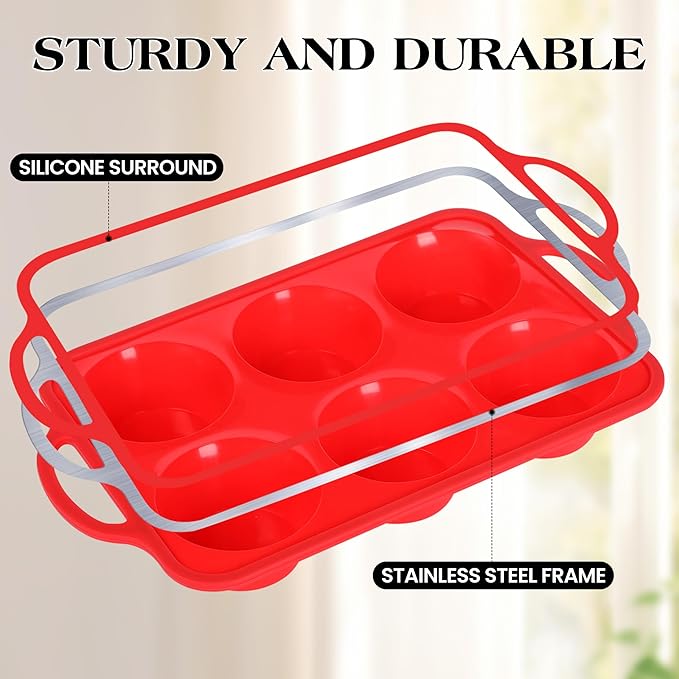 1 Pc Jumbo Muffin Pan with Metal Frame, Nonstick 6 Cup Extra Large Cupcake Pan for Baking, Silicone Deep Muffin Tray for Egg Bites (Red)