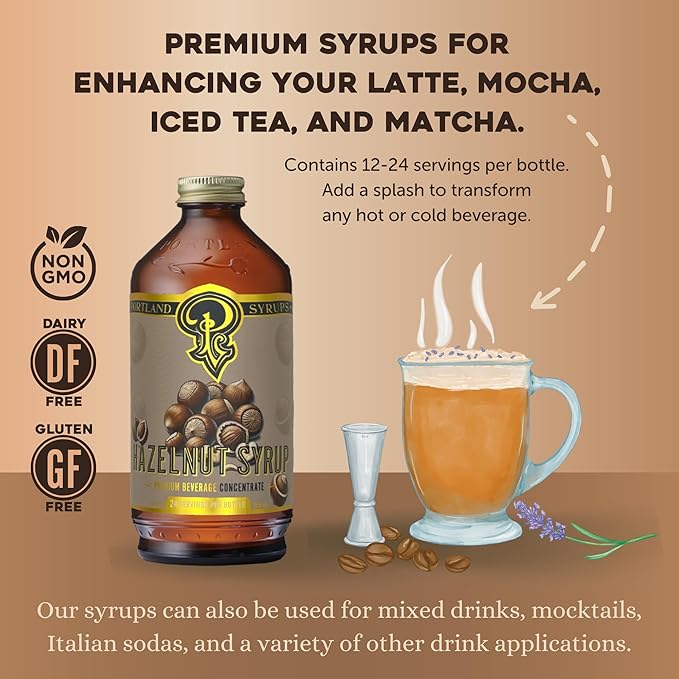 Portland Syrups Hazelnut Syrup – Flavoring for Coffee, Lattes, Cold Brew, Macchiatos, Cocktails, Desserts – Ideal for Drinks & Adding a Hazelnut Touch to Any Beverage – 12 oz, 24 servings (Pack of 1)