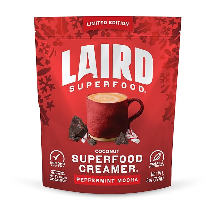 Laird Superfood Non-Dairy Original Superfood Peppermint Mocha Coconut Powder Coffee Creamer, Gluten Free, Non-GMO, Vegan, 8 oz. Bag, Pack of 1