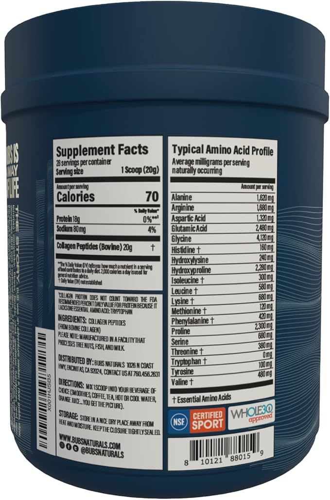 BUBS Naturals Collagen Peptides Powder, Collagen for Women & Men, Hydrolyzed Peptides, Unflavored Pasture Raised Grass Fed, Paleo Keto Friendly, Supports Hair Skin & Joint Health (20 oz) 28 Servings