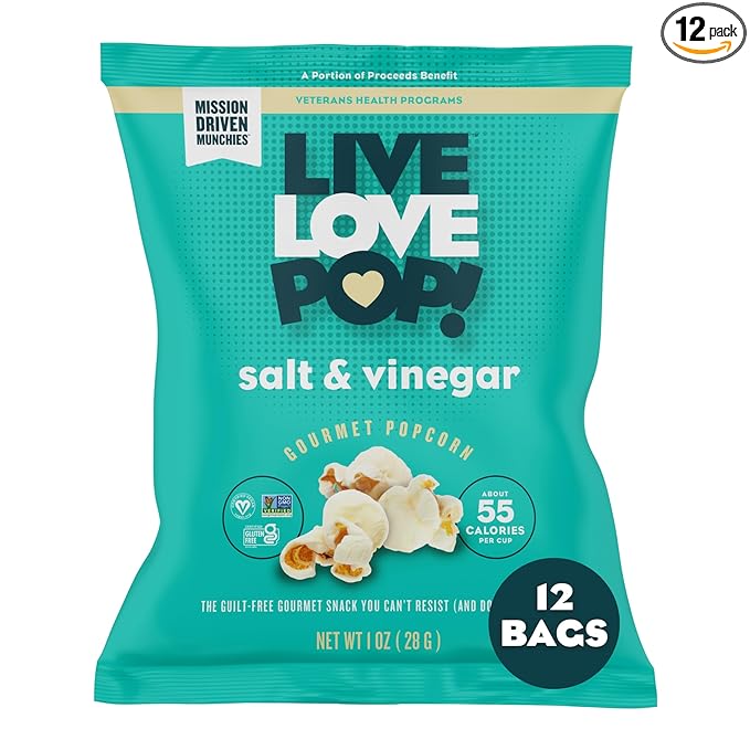 Live Love Pop Salt and Vinegar Flavored Gourmet Popcorn, 1.0 Oz (Pack of 12), Individual Snack Size Bags, Healthy Snack, Gluten Free, Vegan & Non-GMO, Mission Driven Munchies