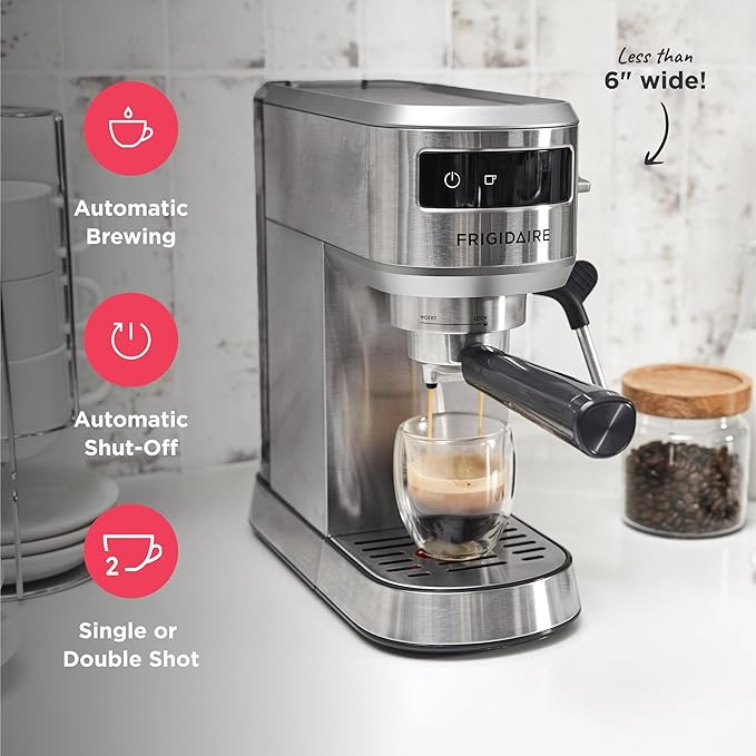 Frigidaire Steam Espresso Maker, Coffee Machine with Milk Frother & Cup Warmer, 20 Bar Pressure, 34 oz Removable Water Tank, Single or Double Shot, Stainless Steel
