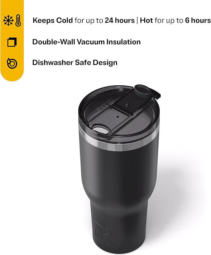 RTIC 40oz Essential Tumbler with Lid, Insulated, Stainless Steel, Metal, Double Wall Vacuum-Insulation, Ceramic Lined, Travel Cup for Iced Coffee, Tea, Hot and Cold Drink, Black