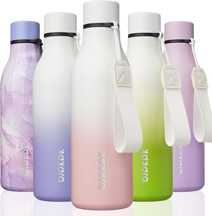 BJPKPK Insulated Water Bottles, 18 oz Stainless Steel Metal Water Bottle with Strap, BPA Free Leak Proof Thermos, Mugs, Flasks, Reusable Water Bottle for Sports & Travel, Graceful Pink