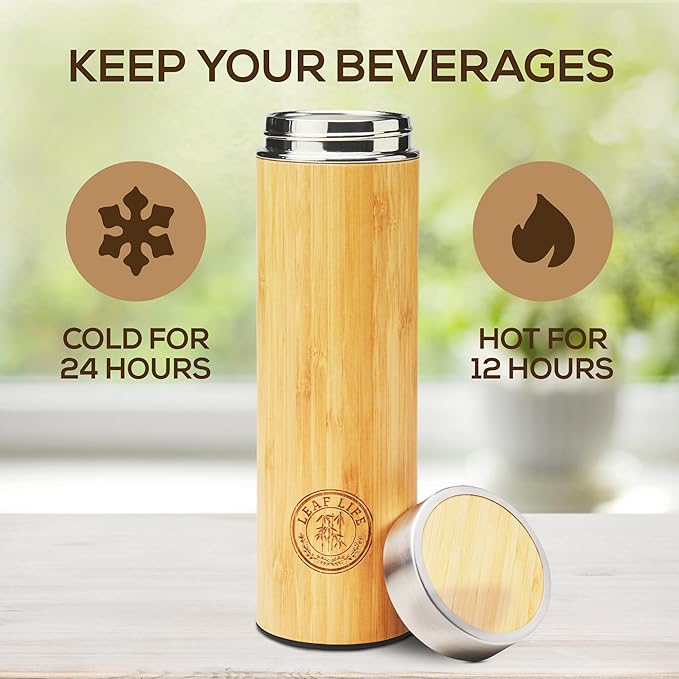 LeafLife Premium Bamboo Tea Bottle for Loose Tea - Tea Infuser Bottle - Tea Gifts - Insulated Water Bottle/Coffee Tumbler/Tea - Tea Gift Set, Tea Accessories - Tea Tumbler 12oz