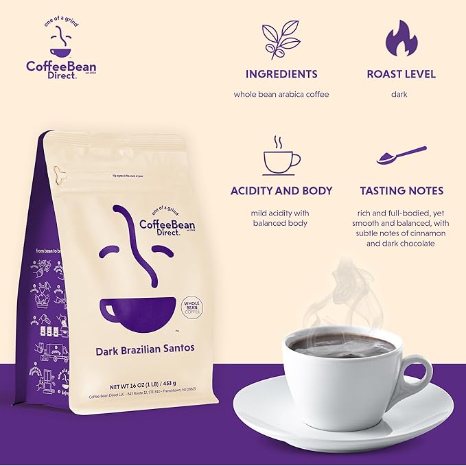 Coffee Bean Direct Dark Brazilian Santos, Whole Bean Coffee, Dark Roast, 1 Pound Bag (Pack of 1)