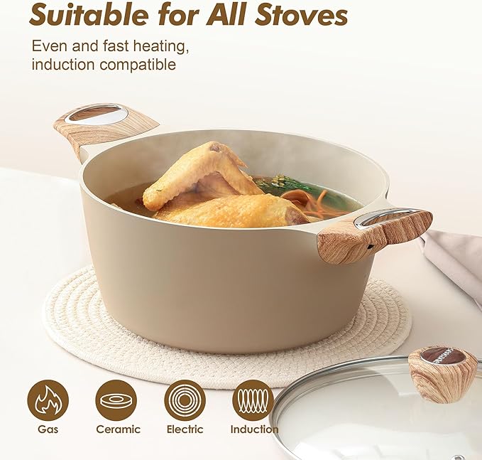 SENSARTE Ceramic Nonstick Stock Pot with Lid, 2.6/4.5/6.6 QT Soup Pot Casserole Pot, Non-toxic Healthy Pasta Pot, Large Cooking Pot Stew Pot, Induction Compatible, PFOA PFAS PTFE Free, Taupe