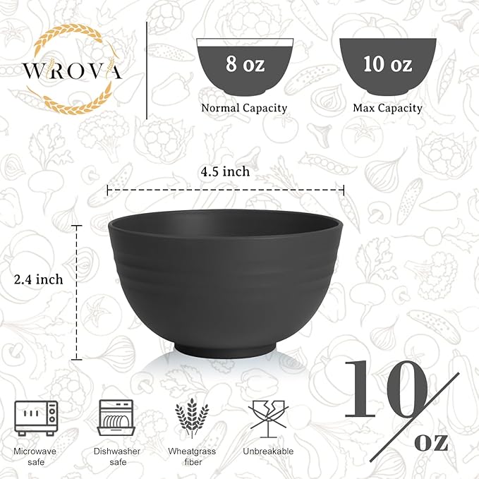 Handy Wheat Straw Bowls Set of 6,Unbreakable Ice-Cream Bowls Sets for Kids,10oz Small Dessert Bowls for Kitchen,Camping and RV.Black Series