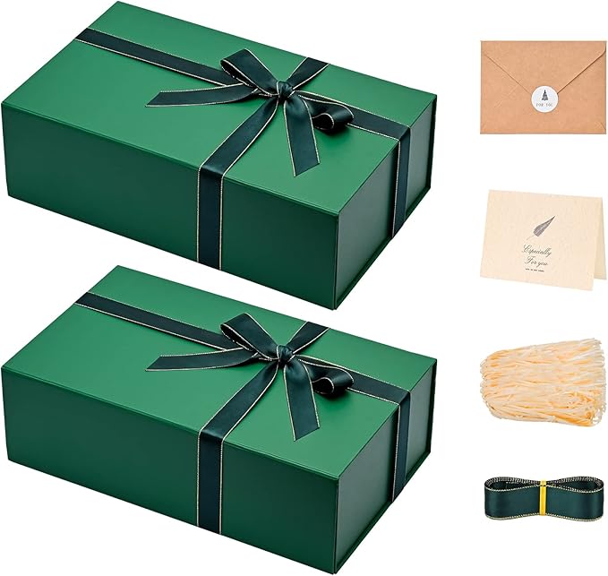 LIFELUM Gift Boxes with Lids 2 Pack 13.85 x 8.35 x 4.45 inch Green Christmas Gift Boxes with Strong Magnetic Lid for Presents with Luxury Accessories Card, Ribbon, Filler,Sticker