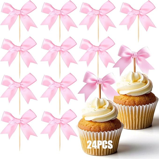 24Pcs Pink Bow Cupcake Toppers - Pink Bow Cake Topper Birthday Decorations, Bowknot Cupcake Picks for Coquette Bow Theme Party Decoration Bachelorette Bridal Engagement Wedding Baby Shower Party Decor